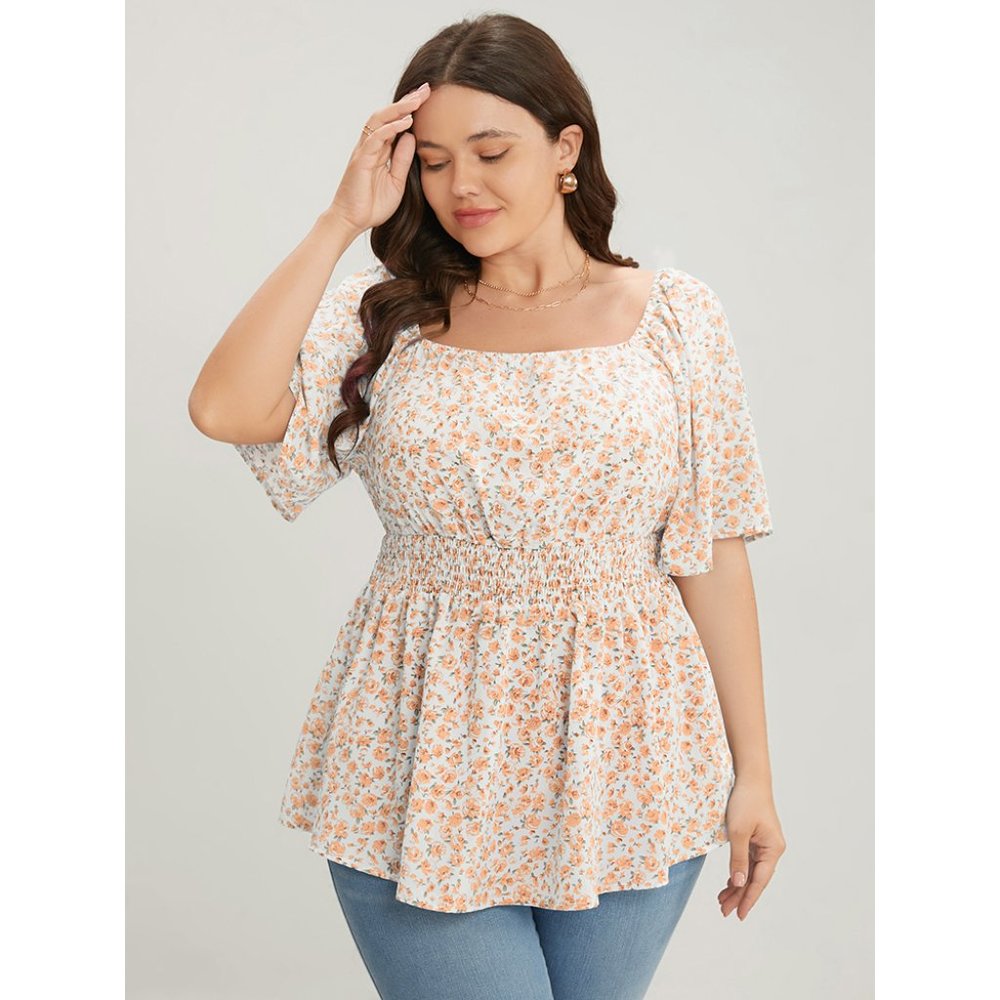 NWT Bloomchic Yellow Orange Ditsy Floral Shirred Blouse Size Large 12